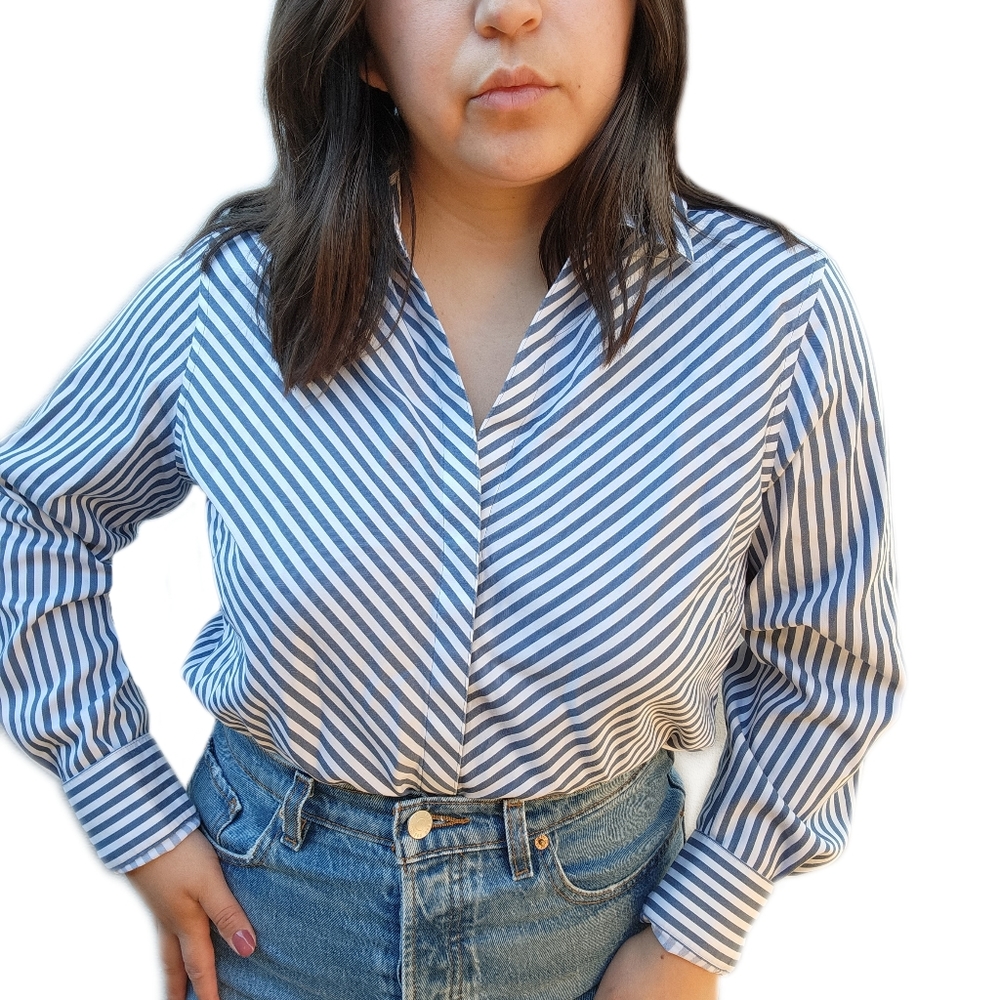 Foxcroft Button Down Striped Long Sleeve Shirt, Size 12